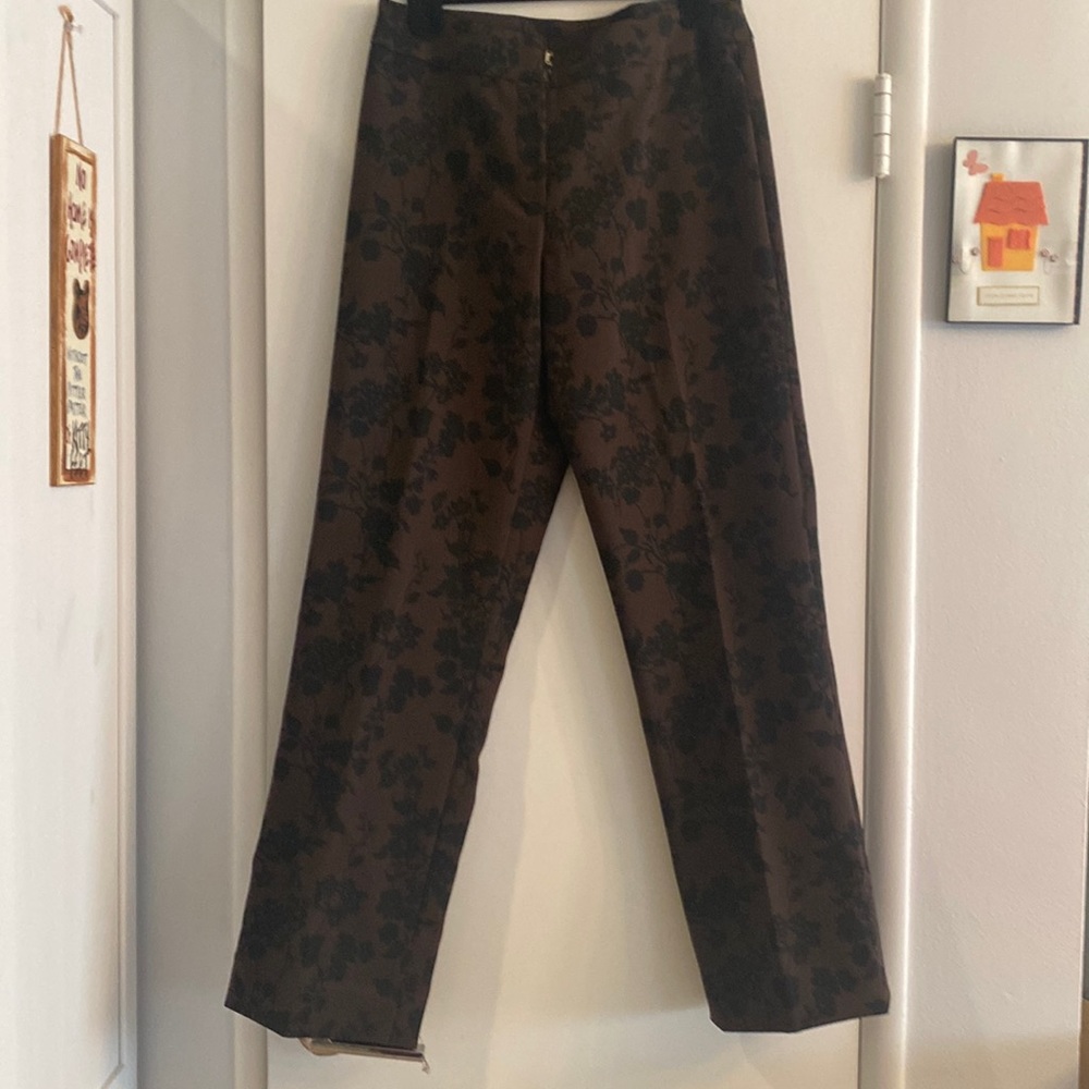 Solid brown black floral design yoga style dress pants.